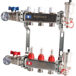 Коллектор из нерж. стали 1"x3/4" ROMMER в сборе с расходомерами 3 вых.