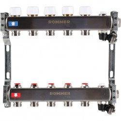 Коллектор из нерж. стали 1"x3/4" ROMMER без расходомеров, с клапаном вып. воздуха и сливом 5 вых.